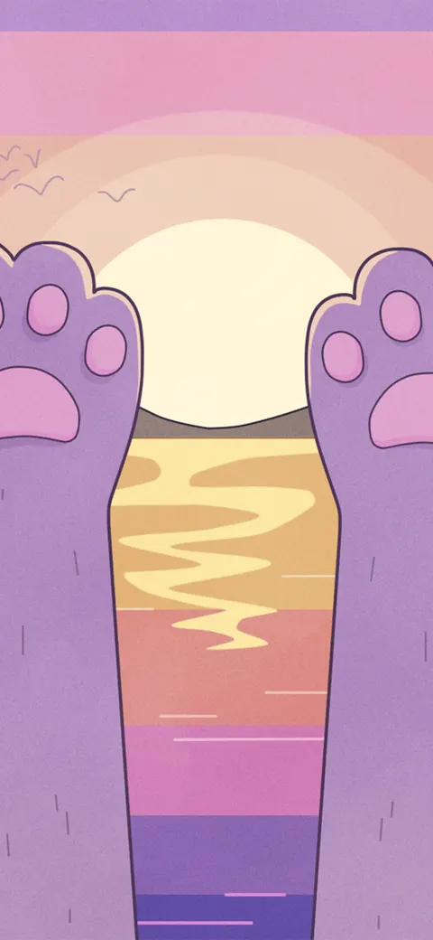 Just Relax lofi phone wallpaper by Purrple Cat: two pink paws stretch up towards a big pastel sun setting over the sea