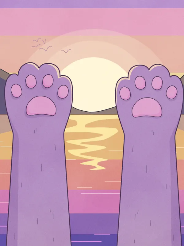 Just Relax lofi phone wallpaper by Purrple Cat: two pink paws stretch up towards a big pastel sun setting over the sea