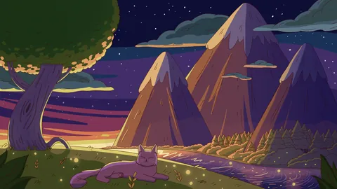 Mellow Skies lofi phone wallpaper by Purrple Cat: the first stars come out over purple mountains as a cat lies in a field of fireflies