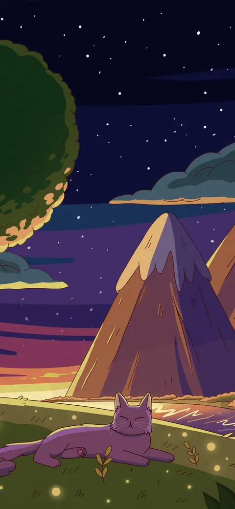 Mellow Skies lofi phone wallpaper by Purrple Cat: the first stars come out over purple mountains as a cat lies in a field of fireflies