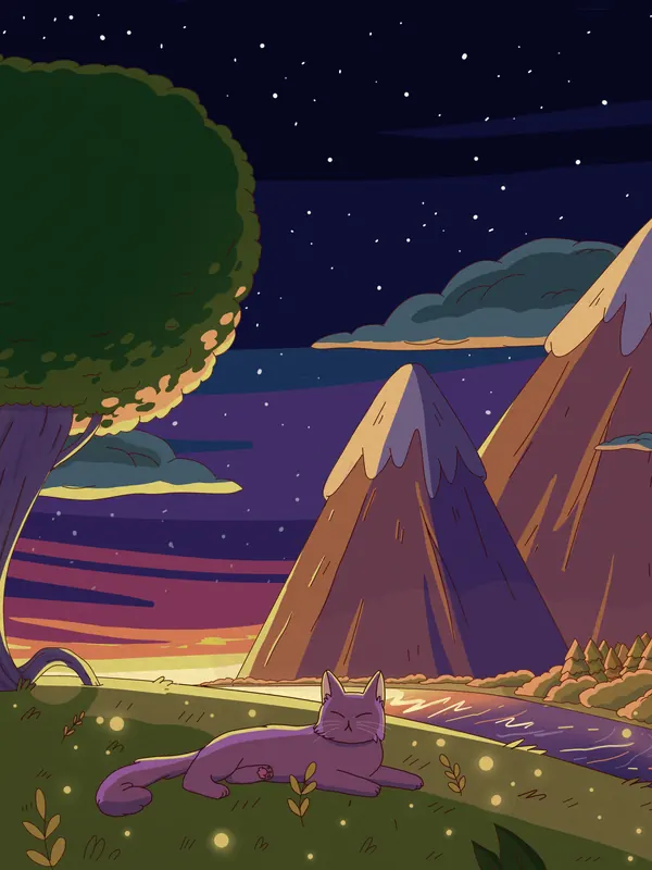 Mellow Skies lofi phone wallpaper by Purrple Cat: the first stars come out over purple mountains as a cat lies in a field of fireflies