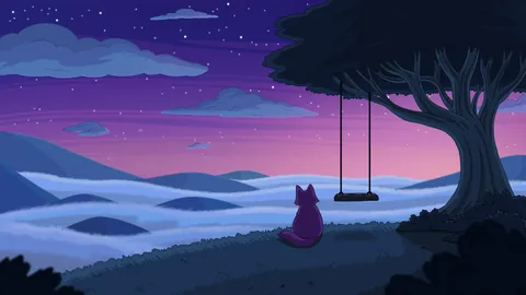 Memories lofi phone wallpaper by Purrple Cat: a cat sits under a big tree with a swing, looking out over a sea of clouds at dusk