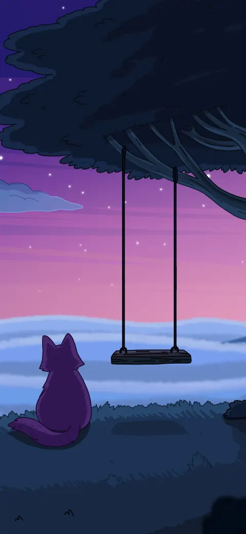 Memories lofi phone wallpaper by Purrple Cat: a cat sits under a big tree with a swing, looking out over a sea of clouds at dusk