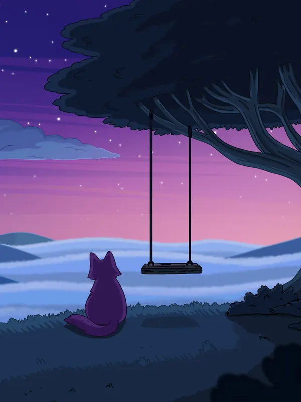 Memories lofi phone wallpaper by Purrple Cat: a cat sits under a big tree with a swing, looking out over a sea of clouds at dusk