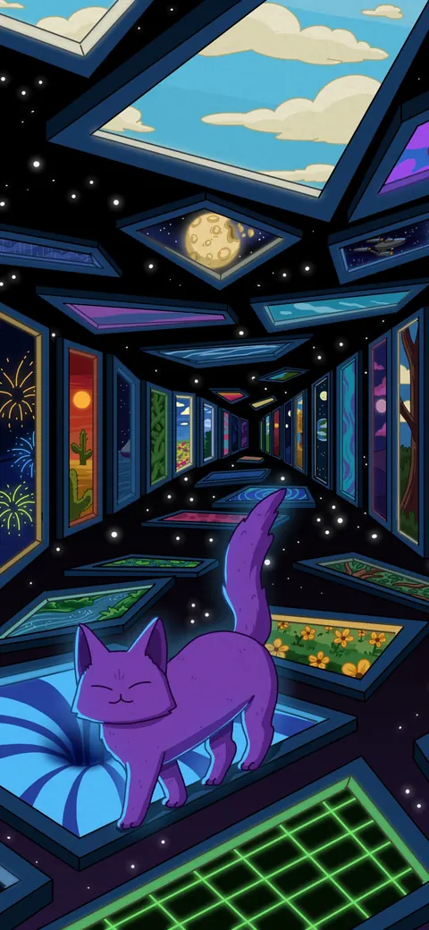Multiverse 2 lofi phone wallpaper by Purrple Cat: a cat walks down a corridor floating in space, its windows opening onto other worlds