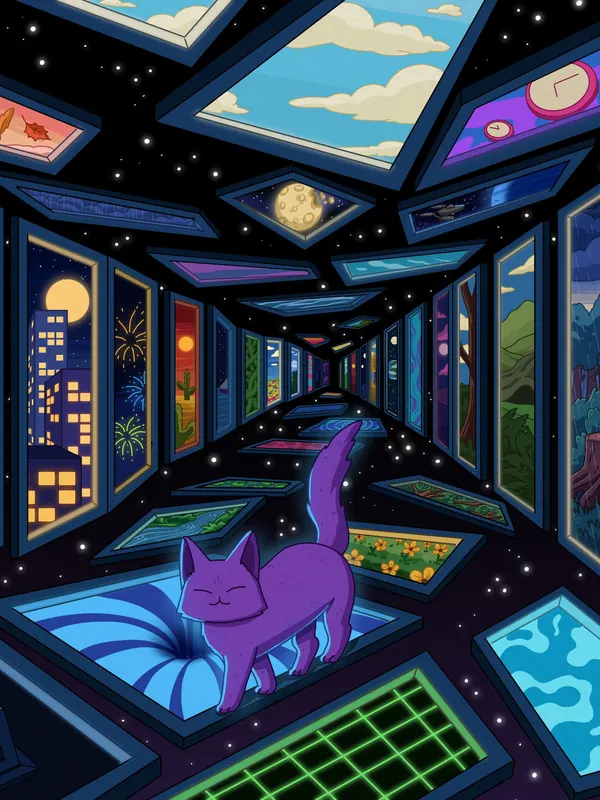 Multiverse 2 lofi phone wallpaper by Purrple Cat: a cat walks down a corridor floating in space, its windows opening onto other worlds