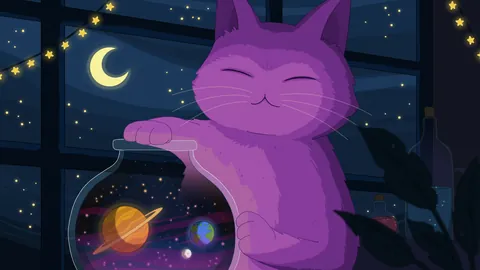 Multiverse lofi phone wallpaper by Purrple Cat: a purple cat by a starry window rests its paw on a fishbowl that holds whole planets