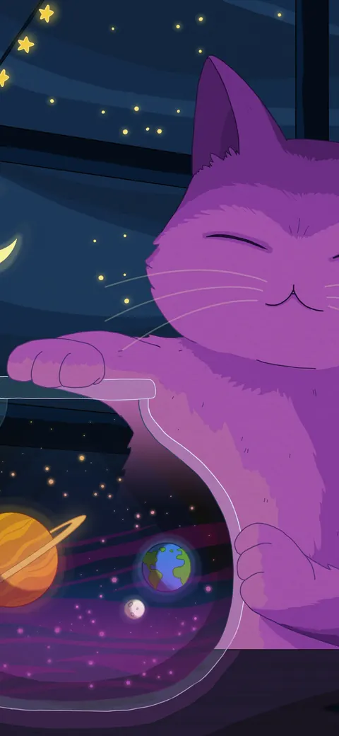 Multiverse lofi phone wallpaper by Purrple Cat: a purple cat by a starry window rests its paw on a fishbowl that holds whole planets