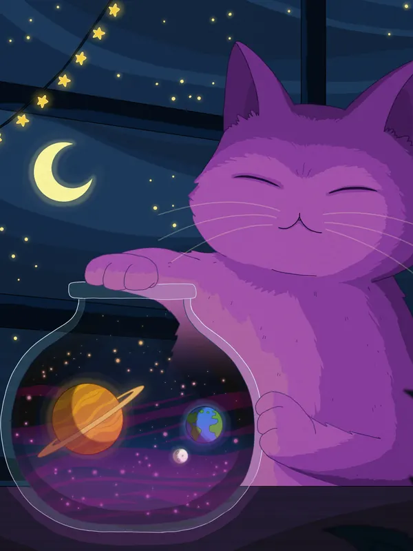 Multiverse lofi phone wallpaper by Purrple Cat: a purple cat by a starry window rests its paw on a fishbowl that holds whole planets