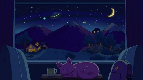 Night Train lofi phone wallpaper by Purrple Cat: a cat curls up by a night train window, a cup of tea on the table, mountains and a crescent moon outside