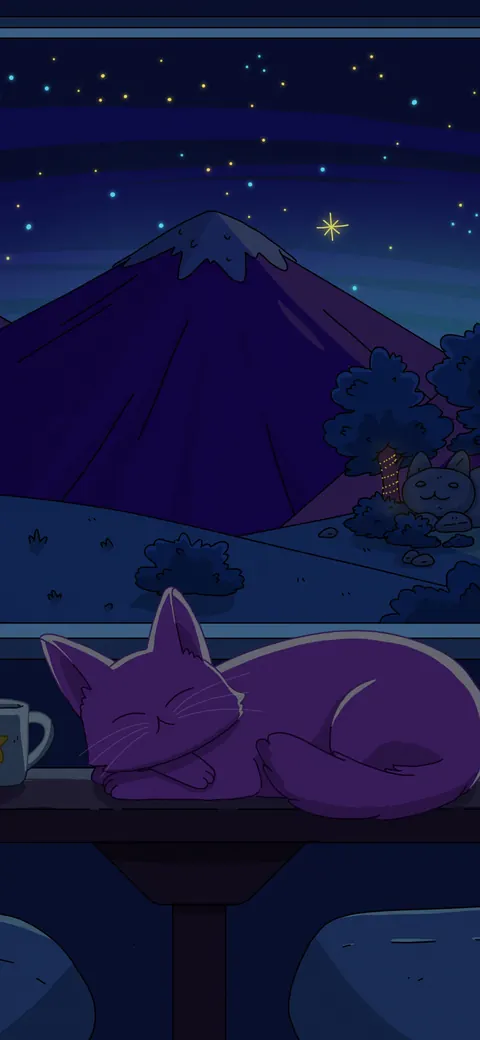 Night Train lofi phone wallpaper by Purrple Cat: a cat curls up by a night train window, a cup of tea on the table, mountains and a crescent moon outside