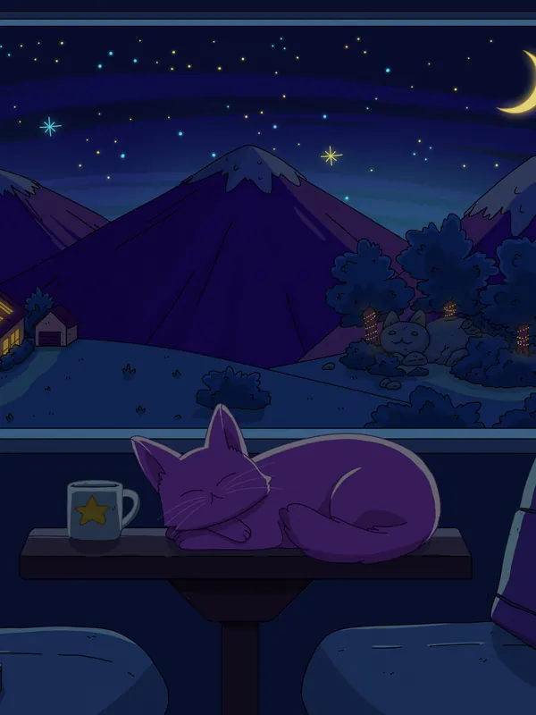 Night Train lofi phone wallpaper by Purrple Cat: a cat curls up by a night train window, a cup of tea on the table, mountains and a crescent moon outside