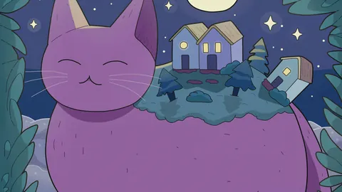 Nostalgia and Moving On lofi phone wallpaper by Purrple Cat: a big pink cat carries a tiny hilltop town on its back under a crescent moon, framed by leaves