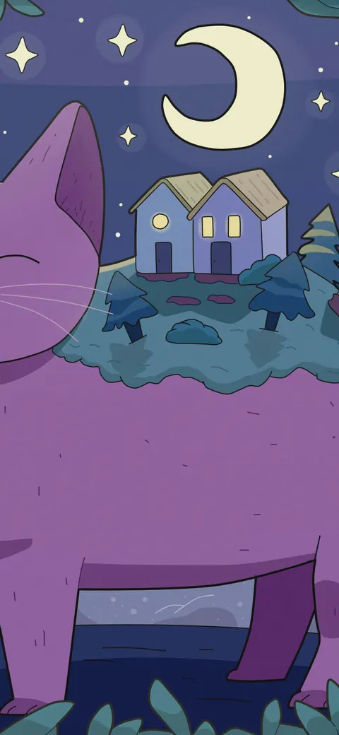 Nostalgia and Moving On lofi phone wallpaper by Purrple Cat: a big pink cat carries a tiny hilltop town on its back under a crescent moon, framed by leaves
