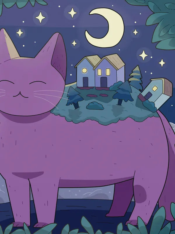 Nostalgia and Moving On lofi phone wallpaper by Purrple Cat: a big pink cat carries a tiny hilltop town on its back under a crescent moon, framed by leaves