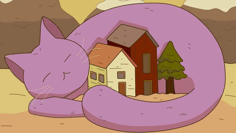 Now or Never lofi desktop wallpaper by Purrple Cat: a giant pink cat curls around a little red-roofed house and a pine tree, under a peach sky and soft clouds