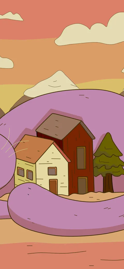 Now or Never lofi phone wallpaper by Purrple Cat: a giant pink cat curls around a little red-roofed house and a pine tree, under a peach sky and soft clouds