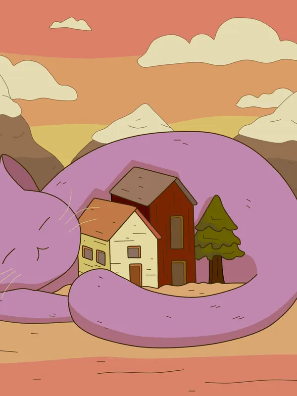 Now or Never lofi phone wallpaper by Purrple Cat: a giant pink cat curls around a little red-roofed house and a pine tree, under a peach sky and soft clouds