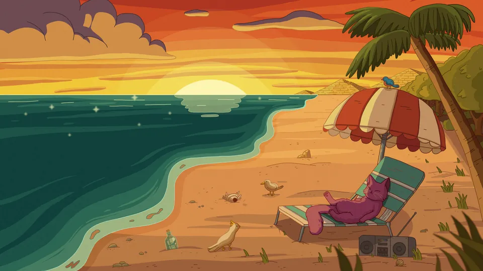 Oasis lofi desktop wallpaper by Purrple Cat: a cat lounges in a beach chair under a striped umbrella and palm trees as an orange sun sets over the sea