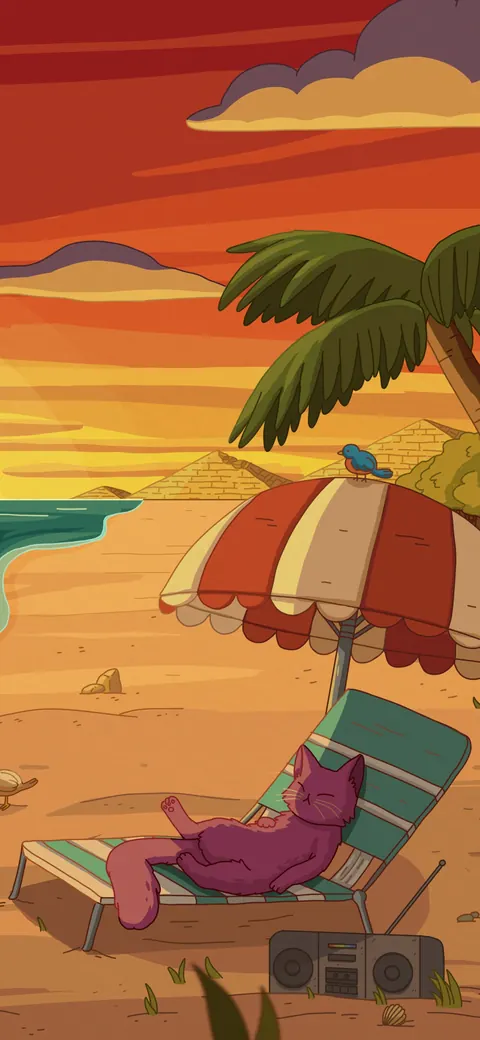 Oasis lofi phone wallpaper by Purrple Cat: a cat lounges in a beach chair under a striped umbrella and palm trees as an orange sun sets over the sea