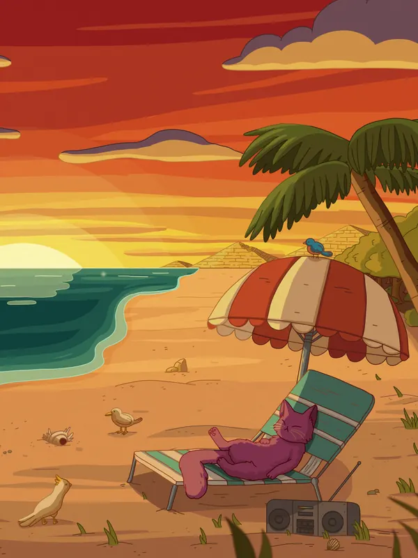 Oasis lofi phone wallpaper by Purrple Cat: a cat lounges in a beach chair under a striped umbrella and palm trees as an orange sun sets over the sea