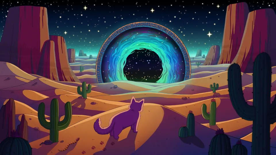 Sands of Time lofi desktop wallpaper by Purrple Cat: a glowing galaxy portal opens in the desert at night, a cat walking towards it between cacti