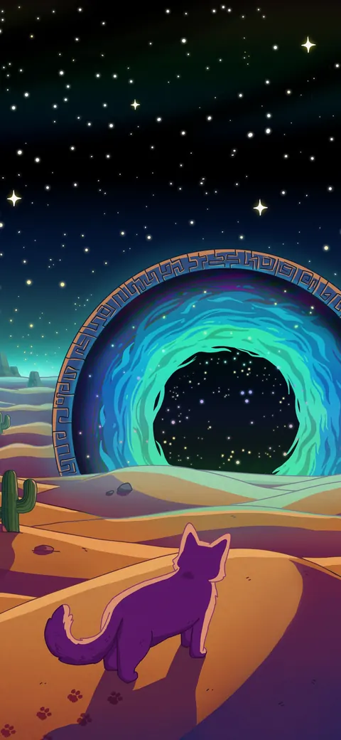 Sands of Time lofi phone wallpaper by Purrple Cat: a glowing galaxy portal opens in the desert at night, a cat walking towards it between cacti