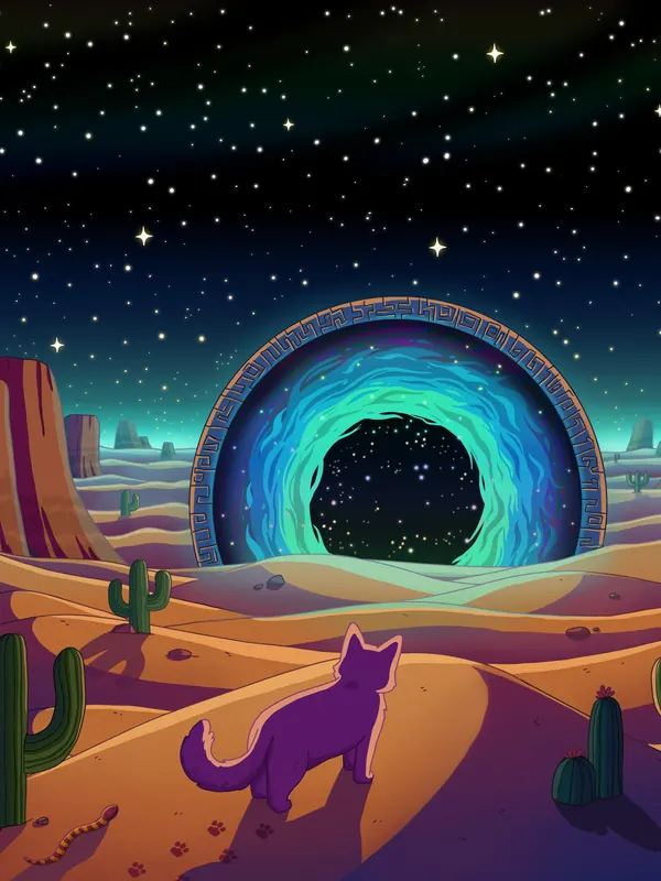 Sands of Time lofi phone wallpaper by Purrple Cat: a glowing galaxy portal opens in the desert at night, a cat walking towards it between cacti