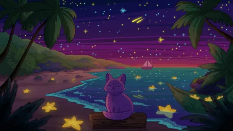 Sea of Stars 2 lofi phone wallpaper by Purrple Cat: shooting stars fall over a quiet shore with palm trees, a cat sitting among glowing starfish