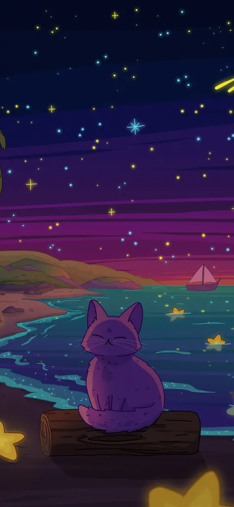 Sea of Stars 2 lofi phone wallpaper by Purrple Cat: shooting stars fall over a quiet shore with palm trees, a cat sitting among glowing starfish