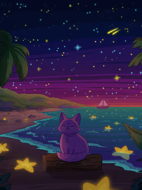 Sea of Stars 2 lofi phone wallpaper by Purrple Cat: shooting stars fall over a quiet shore with palm trees, a cat sitting among glowing starfish