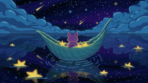 Sea of Stars lofi phone wallpaper by Purrple Cat: a cat drifts in a leaf boat across a sea of stars, with stardust clouds and shooting stars above