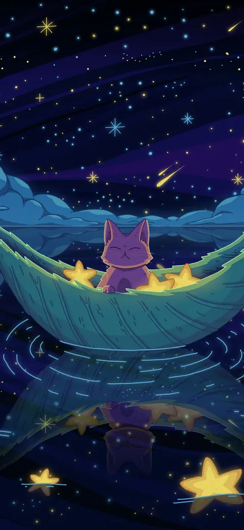 Sea of Stars lofi phone wallpaper by Purrple Cat: a cat drifts in a leaf boat across a sea of stars, with stardust clouds and shooting stars above
