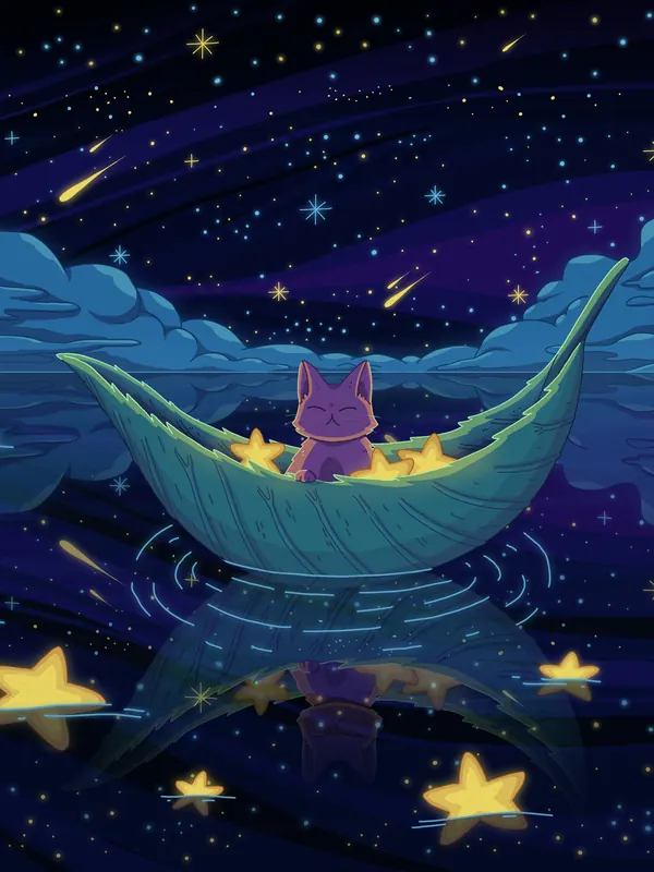 Sea of Stars lofi phone wallpaper by Purrple Cat: a cat drifts in a leaf boat across a sea of stars, with stardust clouds and shooting stars above