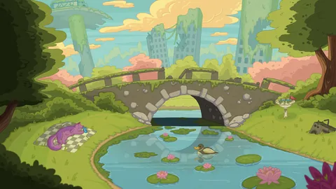 Signs of Life lofi phone wallpaper by Purrple Cat: a stone bridge over a lily-pad pond in a green park, overgrown towers and golden clouds behind it