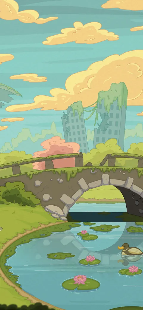 Signs of Life lofi phone wallpaper by Purrple Cat: a stone bridge over a lily-pad pond in a green park, overgrown towers and golden clouds behind it