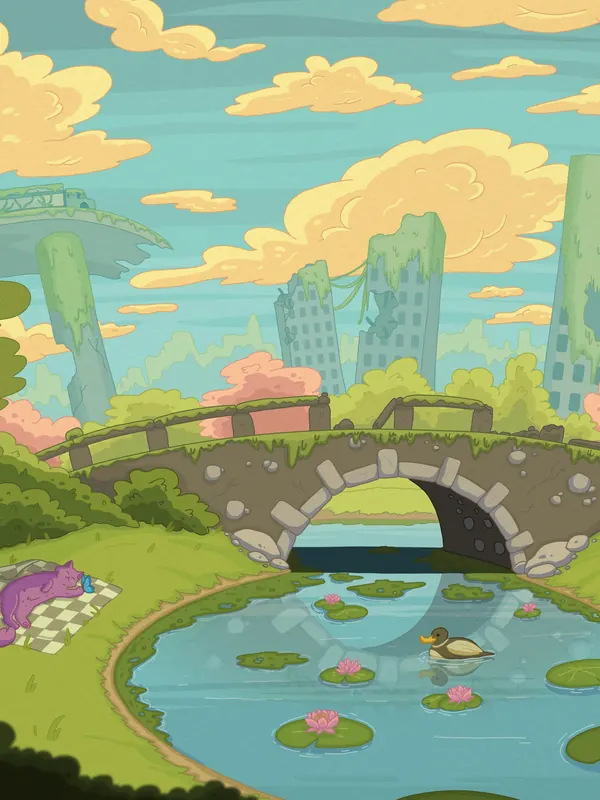 Signs of Life lofi phone wallpaper by Purrple Cat: a stone bridge over a lily-pad pond in a green park, overgrown towers and golden clouds behind it