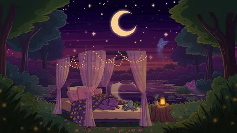 Sleep Tight lofi phone wallpaper by Purrple Cat: a canopy bed with string lights and sheer curtains under a crescent moon, a cat asleep inside