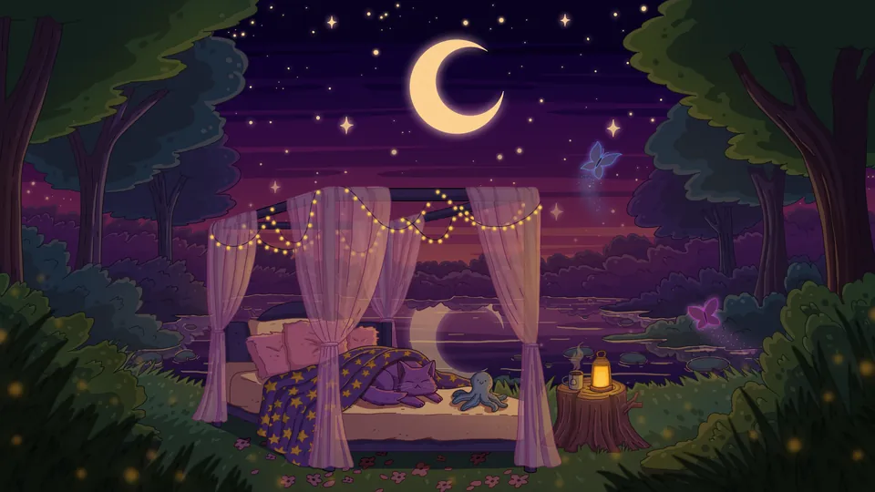 Sleep Tight lofi desktop wallpaper by Purrple Cat: a canopy bed with string lights and sheer curtains under a crescent moon, a cat asleep inside