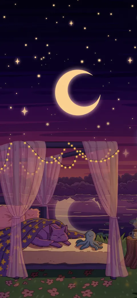 Sleep Tight lofi phone wallpaper by Purrple Cat: a canopy bed with string lights and sheer curtains under a crescent moon, a cat asleep inside