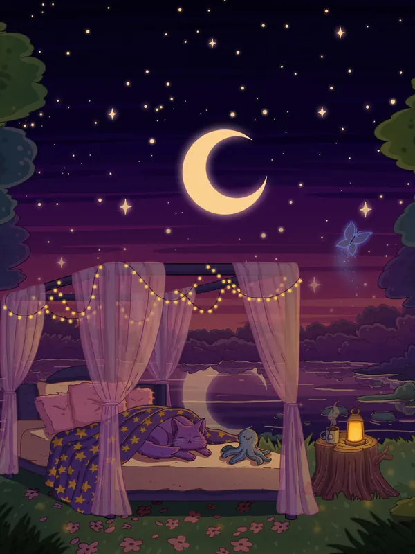 Sleep Tight lofi phone wallpaper by Purrple Cat: a canopy bed with string lights and sheer curtains under a crescent moon, a cat asleep inside