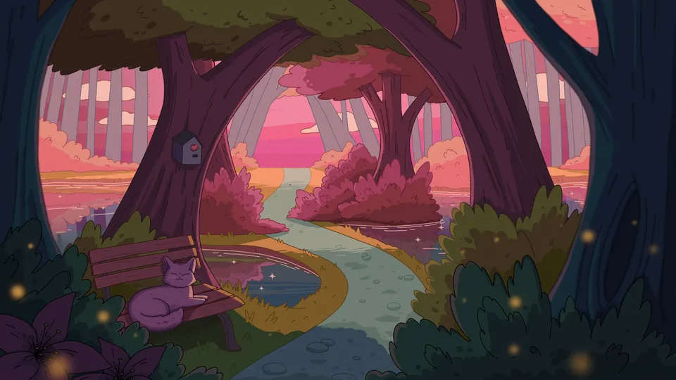 Tranquil Trails lofi desktop wallpaper by Purrple Cat: a winding path through pink trees at sunset, a cat resting on a bench by the pond