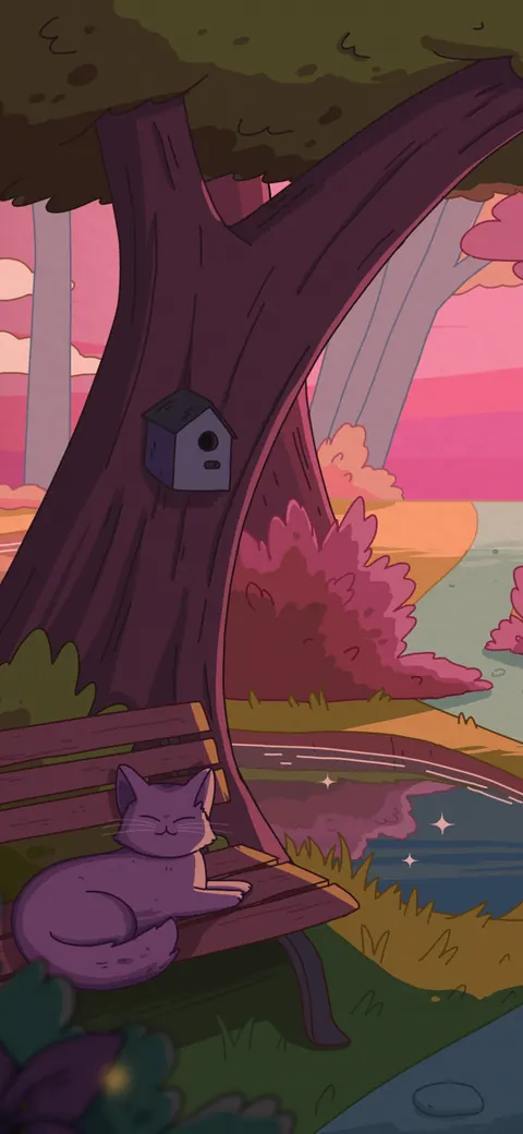 Tranquil Trails lofi phone wallpaper by Purrple Cat: a winding path through pink trees at sunset, a cat resting on a bench by the pond