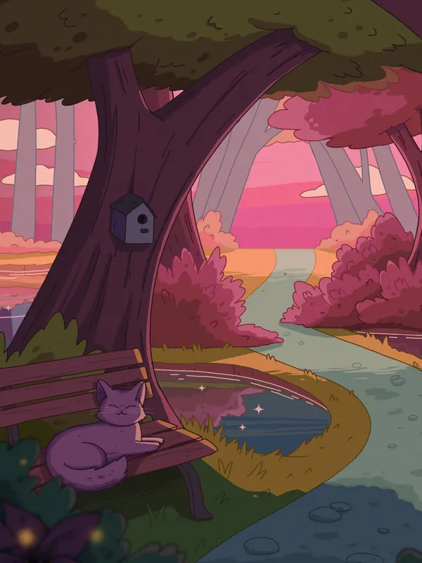 Tranquil Trails lofi phone wallpaper by Purrple Cat: a winding path through pink trees at sunset, a cat resting on a bench by the pond