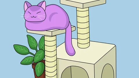 Up All Night lofi phone wallpaper by Purrple Cat: a purple cat naps on the top shelf of a cream cat tree, a potted plant beside it, against a soft sky-blue wall