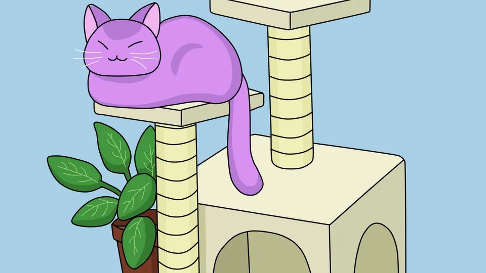 Up All Night lofi desktop wallpaper by Purrple Cat: a purple cat naps on the top shelf of a cream cat tree, a potted plant beside it, against a soft sky-blue wall