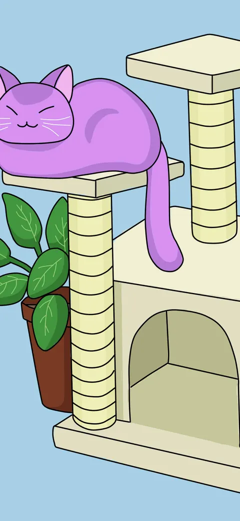 Up All Night lofi phone wallpaper by Purrple Cat: a purple cat naps on the top shelf of a cream cat tree, a potted plant beside it, against a soft sky-blue wall