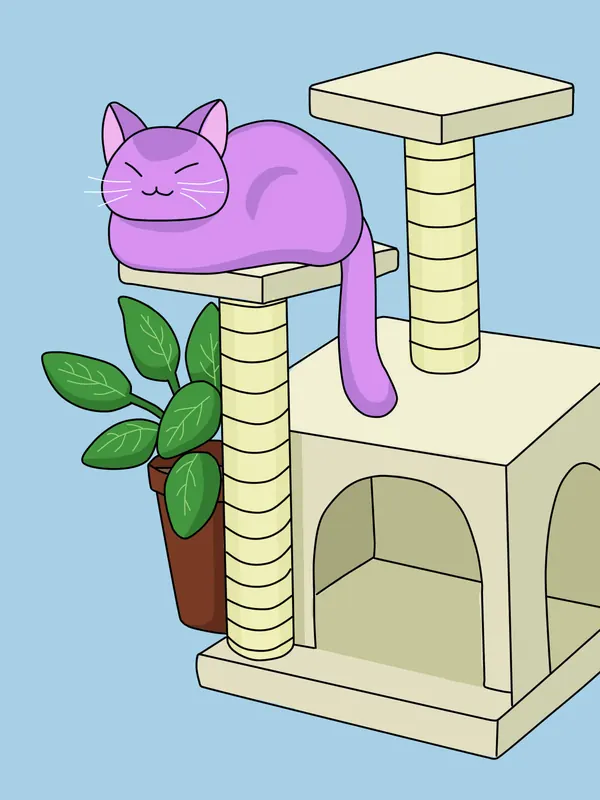 Up All Night lofi phone wallpaper by Purrple Cat: a purple cat naps on the top shelf of a cream cat tree, a potted plant beside it, against a soft sky-blue wall